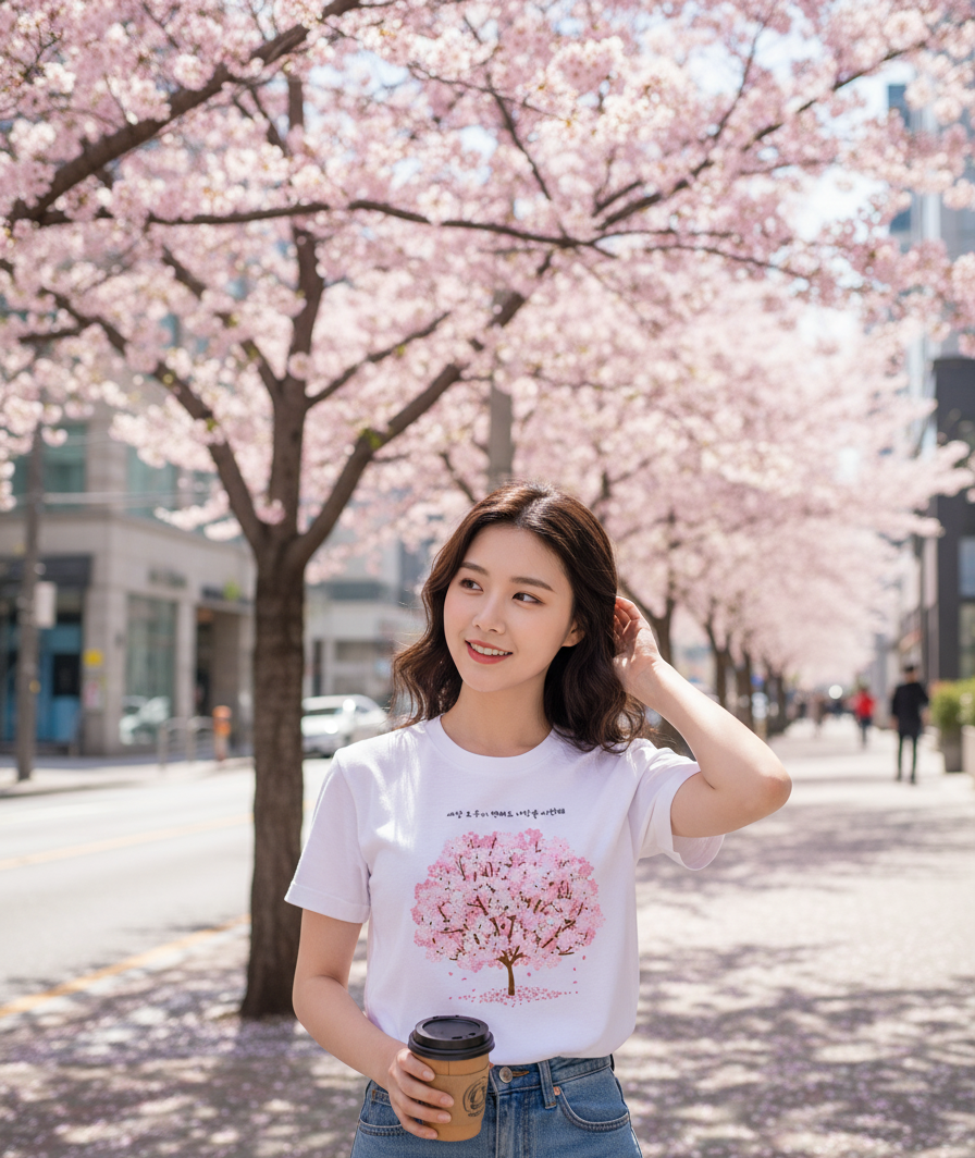 Woman wearing a white t-shirt with a cherry blossom design, standing under cherry blossom trees.