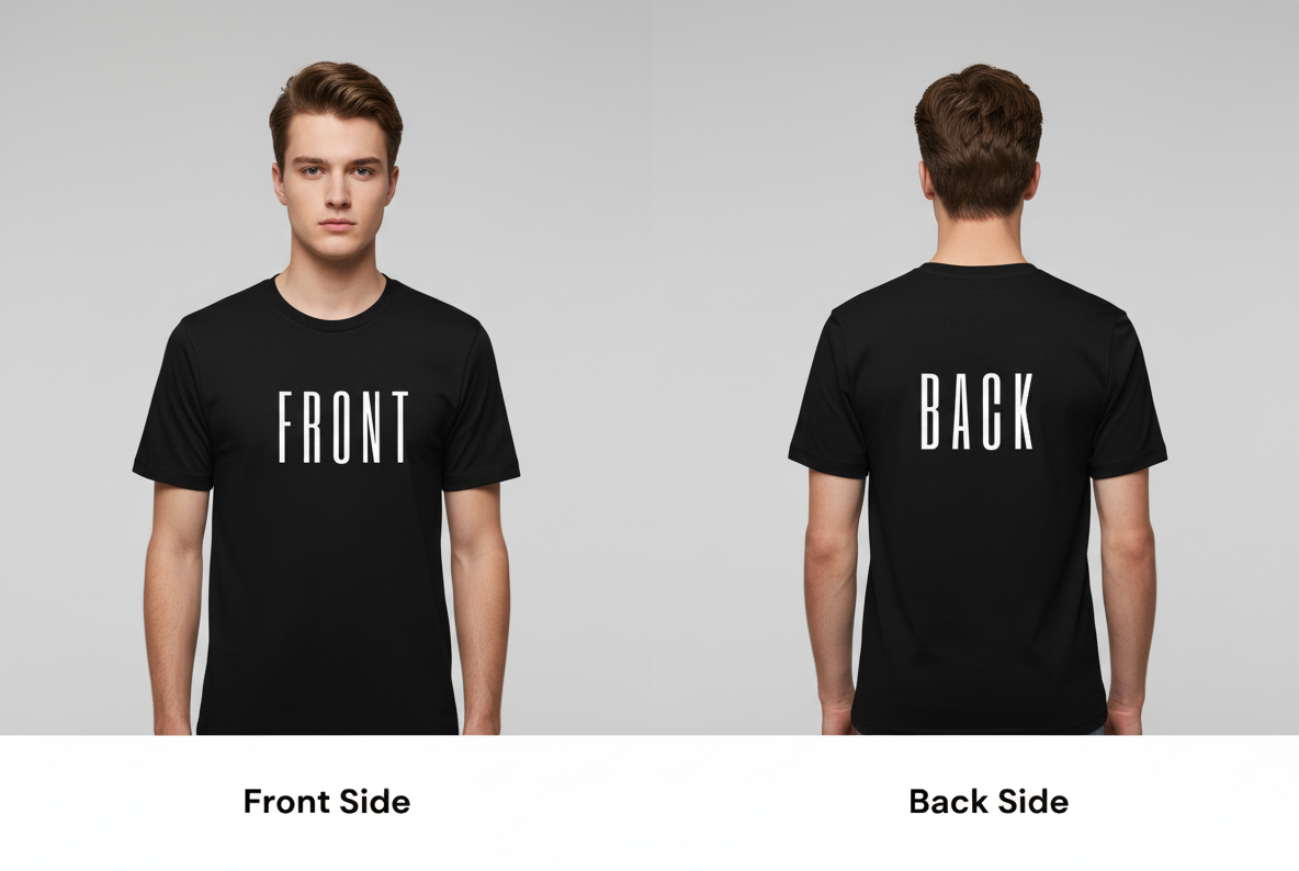 Black t-shirt with 'FRONT' on the front and 'BACK' on the back worn by a person, on a gray background.