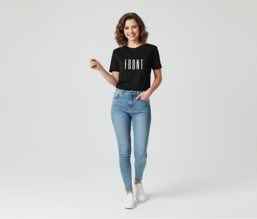 Woman wearing a black t-shirt with 'FRONT' text and blue jeans on a white background