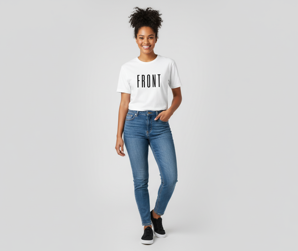 Woman wearing a white t-shirt with 'FRONT' text and blue jeans on a gray background